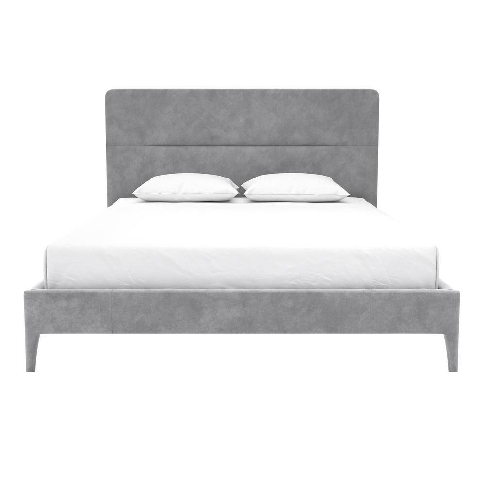 Full Light Gray Velvet Upholstered Platform Bed with Tufted Headboard