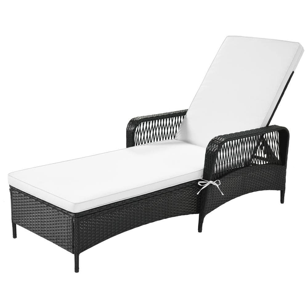 Black Metal Wicker Rattan Outdoor Recliner with Beige Seat Cushion and Weat