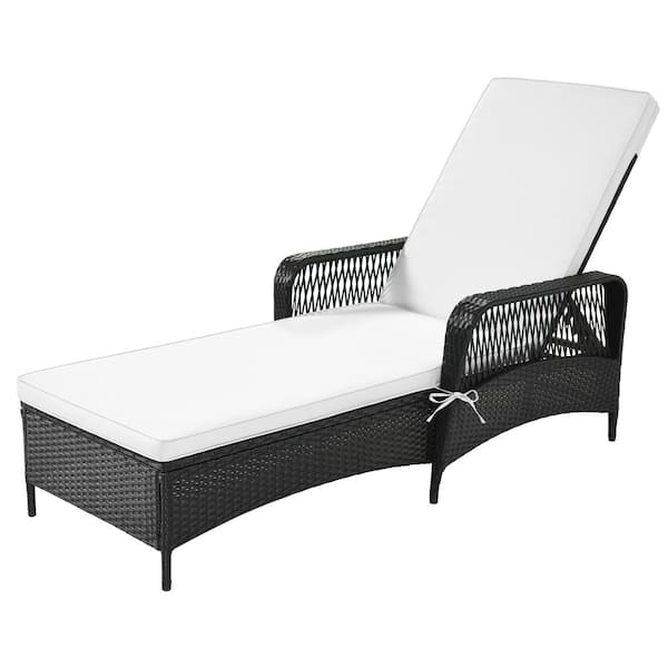 Unbranded Black Metal Wicker Rattan Outdoor Recliner with Beige Seat Cushion and Weatherproof Material