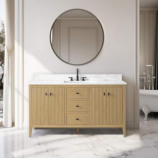 Vanity Art 60 in. W x 22 in. D x 38 in. H Single Sink Bathroom Vanity Cabinet in Linear Natural Oak with Engineered Marble Top