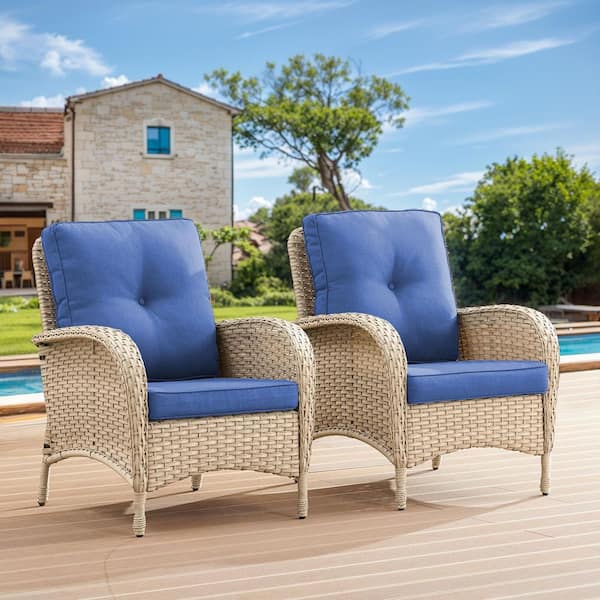 Patio Light Beige Wicker Outdoor Lounge Chair with Blue Cushions and Flat Armrest (2-Pack)