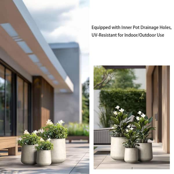 15.5 in., 12 in., 8.5 in. Dia Light Gray Large Tall Round Concrete Plant Pot / Planter for Indoor and Outdoor Set of 3