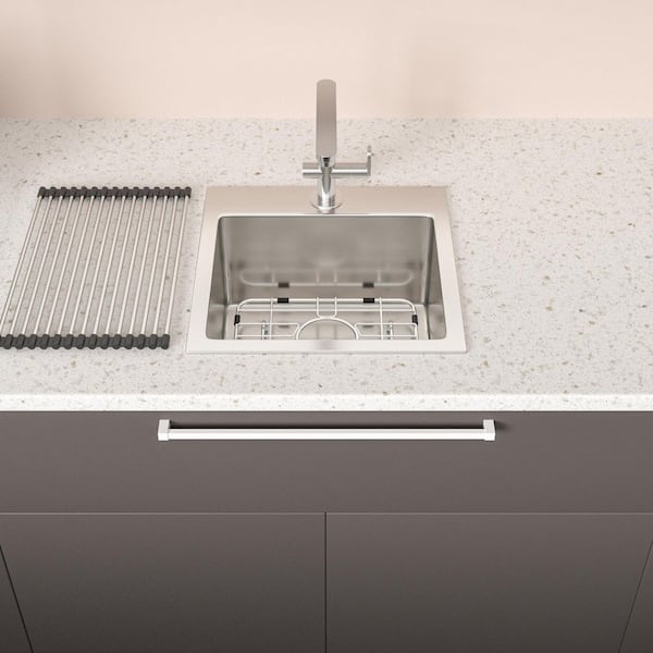 Dueyeeri - 15 in. Drop-in Single Bowl 16-Gauge Brushed Nickel Stainless Steel Kitchen Sink with Bottom Grids