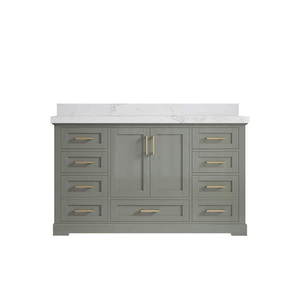 Willow Collections Boston 60 in. W x 22 in. D x 36 in. H Single Sink Bath Vanity in Evergreen with 2 in. Calacatta Nuvo Quartz Top