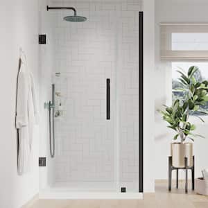 Tampa-Pro 32in. L x 32in. W x 75in. H Alcove Shower Kit w/ Pivot Frameless Shower Door in Black w/Shelves and Shower Pan