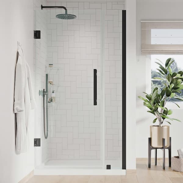 OVE Decors Tampa-Pro 40in. L x 36in. W x 75in. H Alcove Shower Kit w/Pivot Frameless Shower Door in Black w/Shelves and Shower Pan