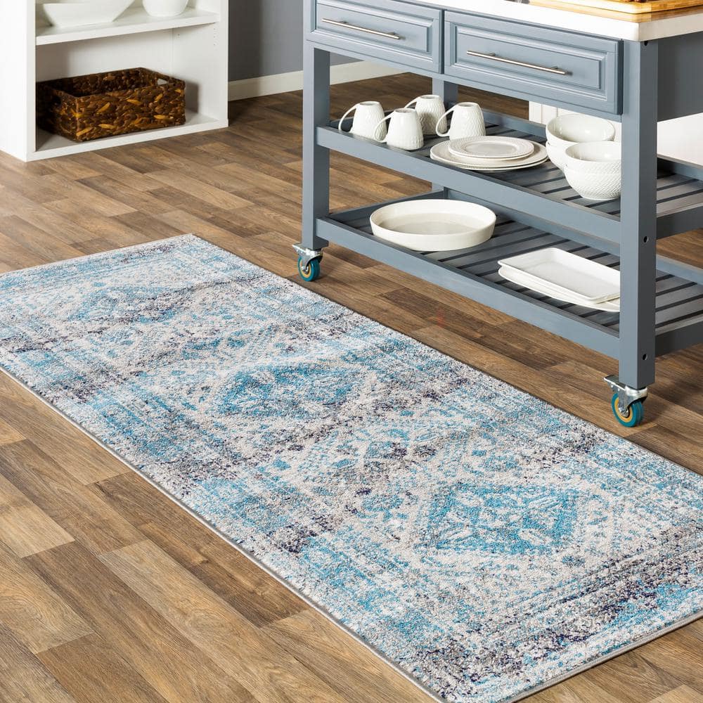 Livabliss Blue and Grey Vintage Medallion Runner Rug, 2'7" x 7'3"