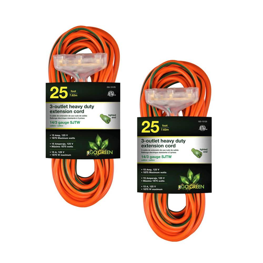 (G-15125-2) 25 ft. 14/3 3 Outlet Indoor Heavy Duty Extension Cord, Orange, 2 PACK price history on PriceWatchPro