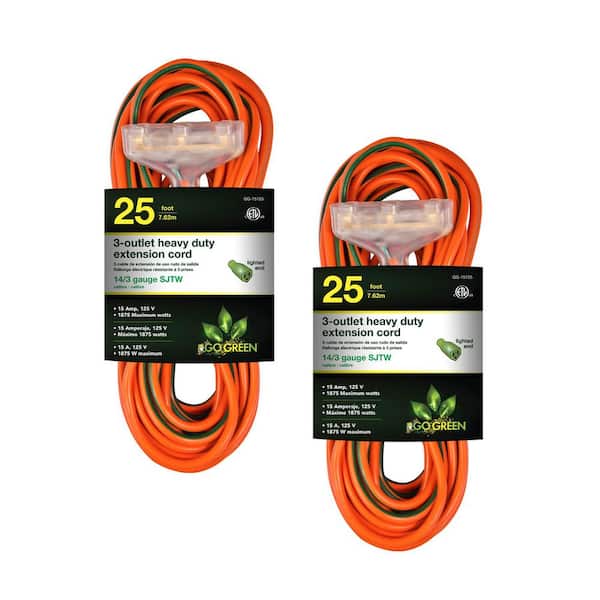 GoGreen Power (G-15125-2) 25 ft. 14/3 3 Outlet Indoor Heavy Duty Extension Cord, Orange, 2 PACK