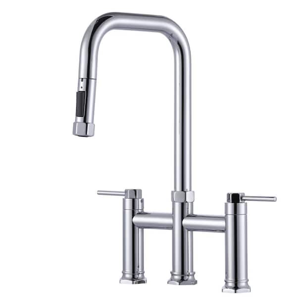 Double Handle Deck Mounted Bridge Kitchen Faucet with Pull-Down 3-Sprays Head in Brushed Nickel