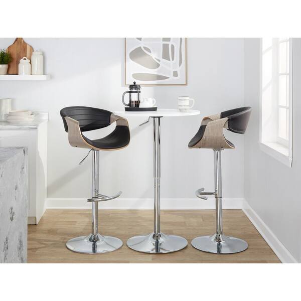 Lumisource Symphony 32.5 in. Black Faux Leather, Light Grey Wood and Chrome Metal Adjustable Bar Stool (Set of 2)