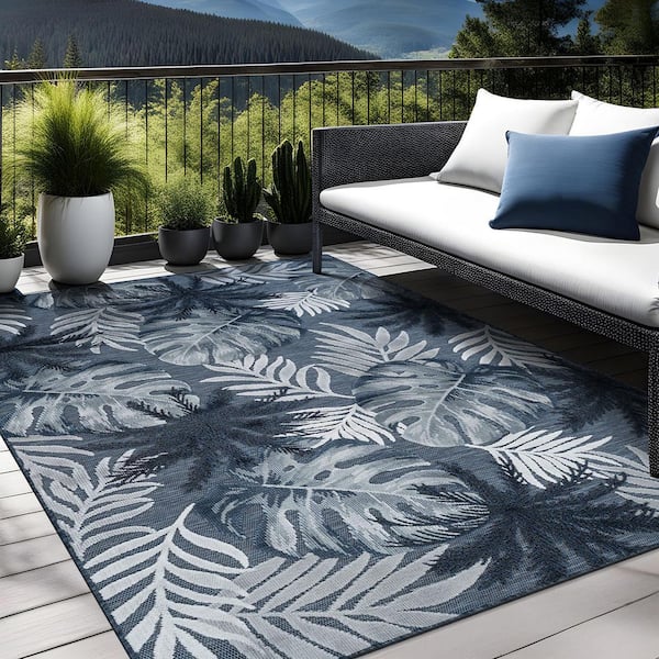 Jungle Navy 5 ft. x 7 ft. Washable Tropical Floral Indoor Outdoor