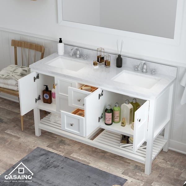 60 in. W x 22 in. D x 35.4 in. H Double Sink Solid Wood Bath Vanity in White with White Natural Marble Top and Basin