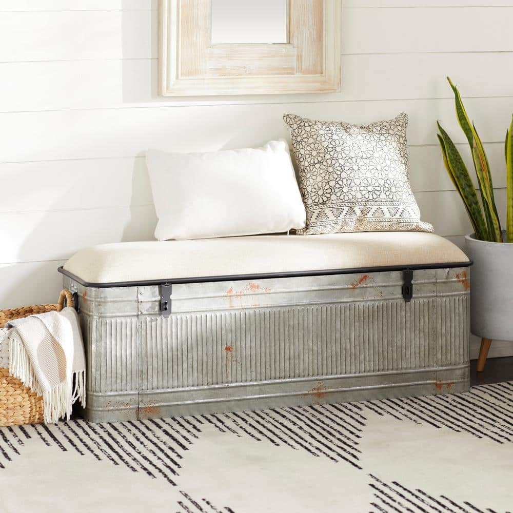 Gray Galvanized Metal Storage Bench with Beige Upholstered Seat