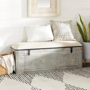 Gray Galvanized Storage Bench with Cream Burlap Top 18 in. X 50 in. X 16 in.