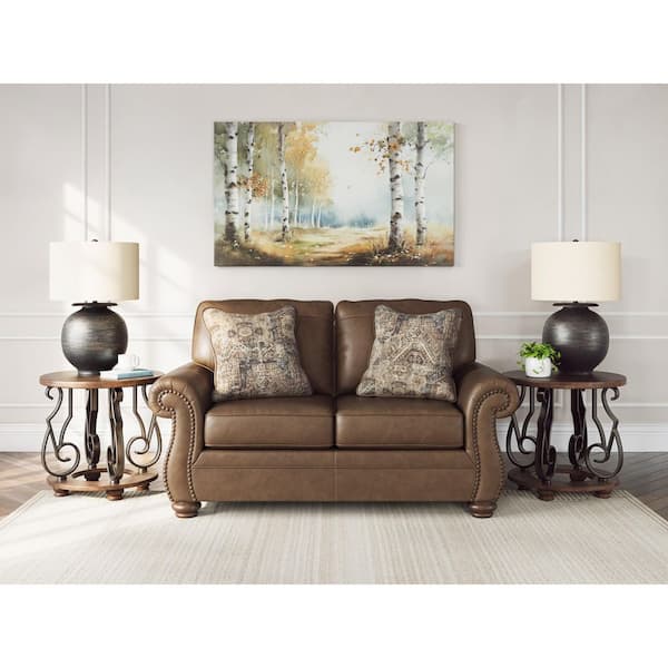 Chatterton 68 in. Solid Faux Leather 2-Seater Loveseat with Reversible Cushions and Nailhead Trim in Brown