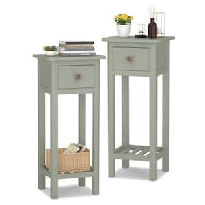 2PCS 14 in. W 2 Tier End Bedside Sofa Side Table with Drawer Shelf Acacia Wood Nightstand Grey