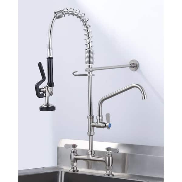 26 in. Commercial Triple Handle Pull Down Sprayer Kitchen Faucet with Pre Rinse Sprayer in Brushed Nickel