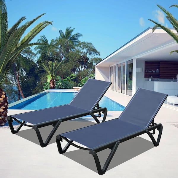 Unbranded Navy Blue 3-Piece Metal Outdoor Chaise Lounge, Patio Aluminum Lounge Chairs Reclining Chair with Side Table, Wheels