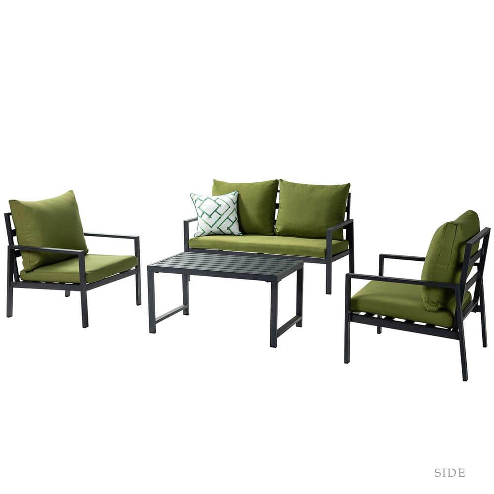 4-Piece Aluminum Patio Conversation Sofa Sets with Green Cushion