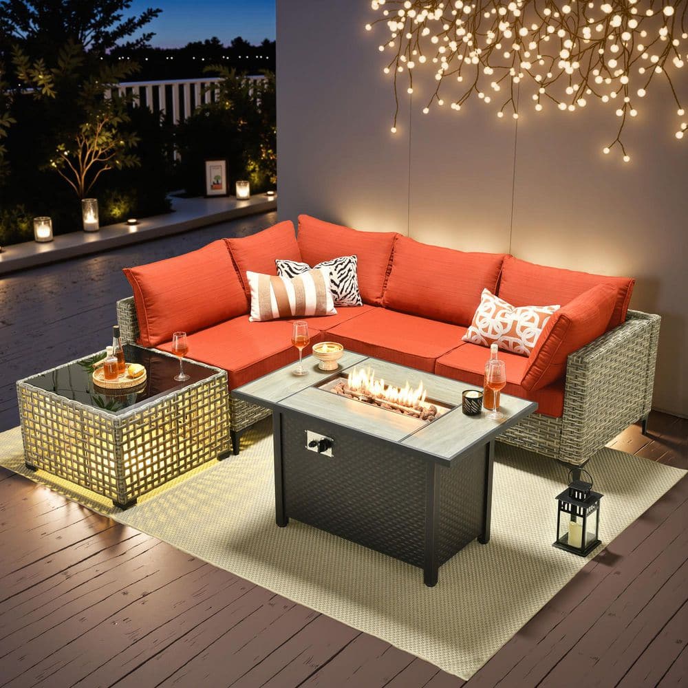 Coralia Gray 6-Piece Wicker Outdoor Sectional Set with Fire Pit, Stripe Orange Red Cushion and Lighted Coffee Table price history on PriceWatchPro