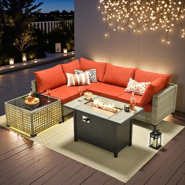 Coralia Gray 6-Piece Wicker Outdoor Sectional Set with Fire Pit, Stripe Orange Red Cushion and Lighted Coffee Table
