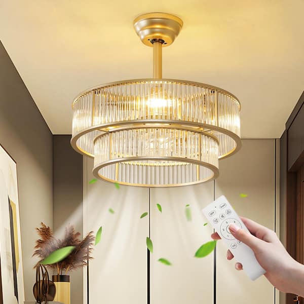 20 In. Indoor Gold Enclosed Caged Crystal Layered Ceiling Fan With Light And Remote Control 6-Speed Reversible Motor
