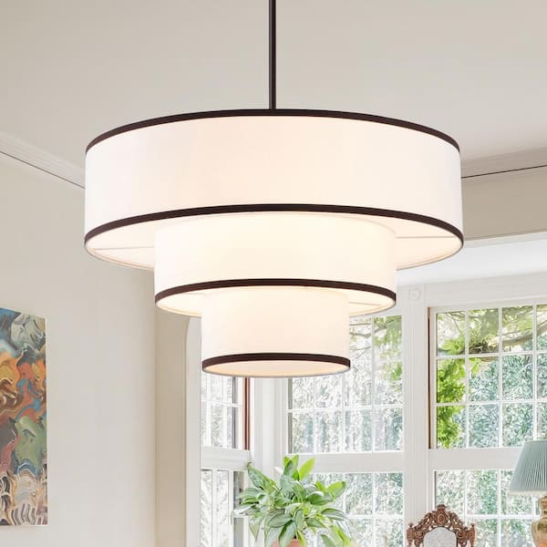 24 in. 5-Light Oil Rubbed Bronze Tiered Drum Chandelier with White Farbic Shade