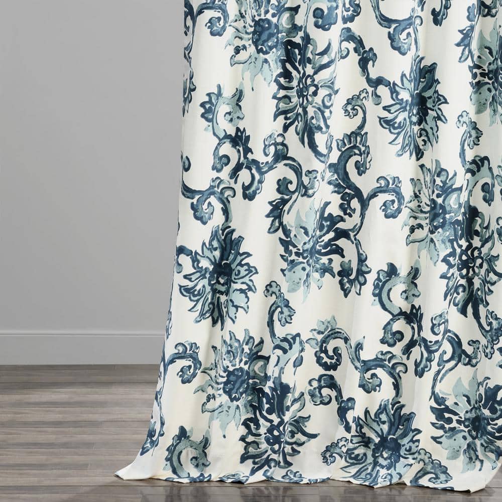 Blue Floral Cotton Room-Darkening Drapes with Hidden Tabs