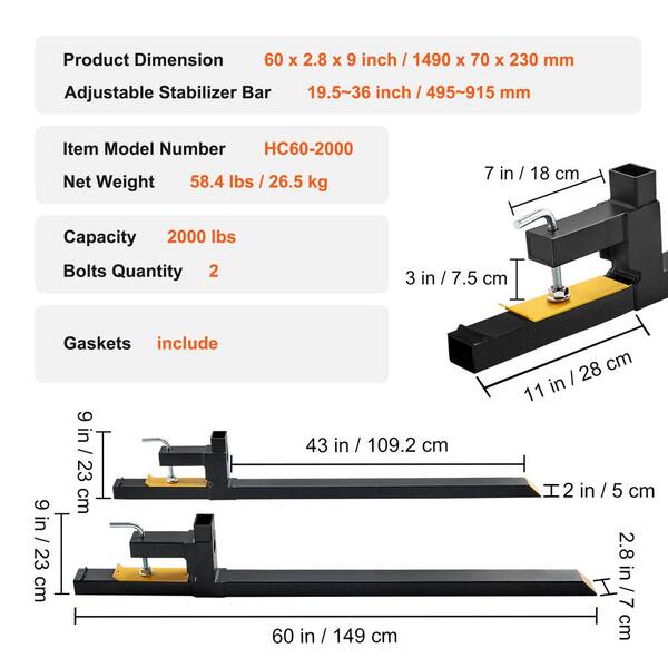 thumbnail image 2 of Garvee 43-Inch Clamp-On Pallet Forks - 2000 Lbs Capacity With Adjustable Stabilizer For Skid Steer Tractor And Loader Buckets 2 of 14
