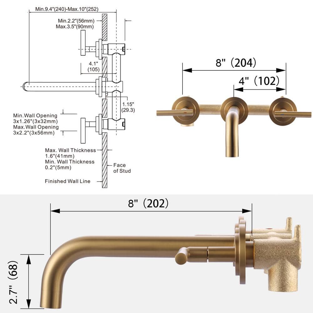 Brushed Gold Wall Mounted Double Handle Brass Faucet