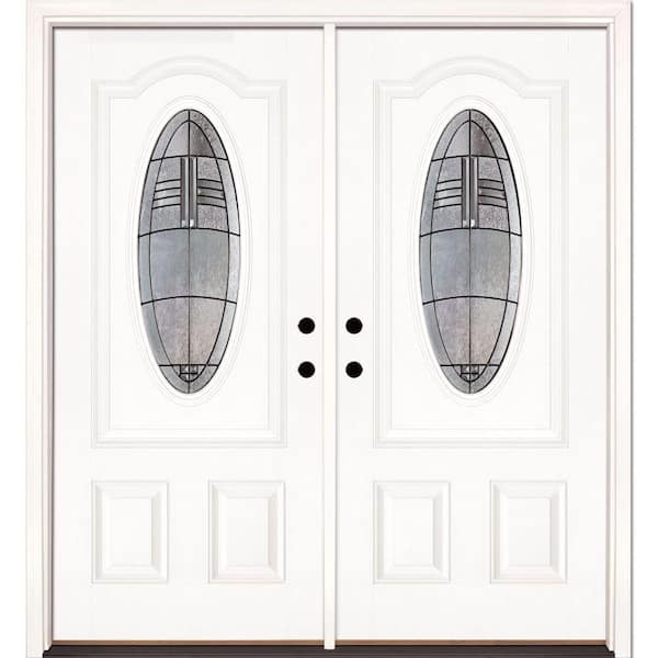 74 in. x 81.625 in. Rochester Patina 3/4 Oval Lite Unfinished Smooth Right-Hand Fiberglass Double Prehung Front Door