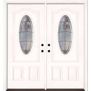 66 in. x 81.625 in. Rochester Patina 3/4 Oval Lite Unfinished Smooth Right-Hand Fiberglass Double Prehung Front Door