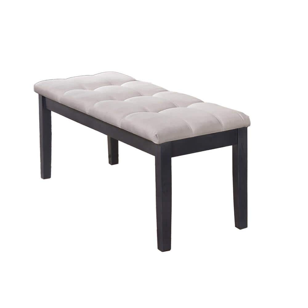 Light Gray Linen Tufted Dining Bench with Dark Wood Frame