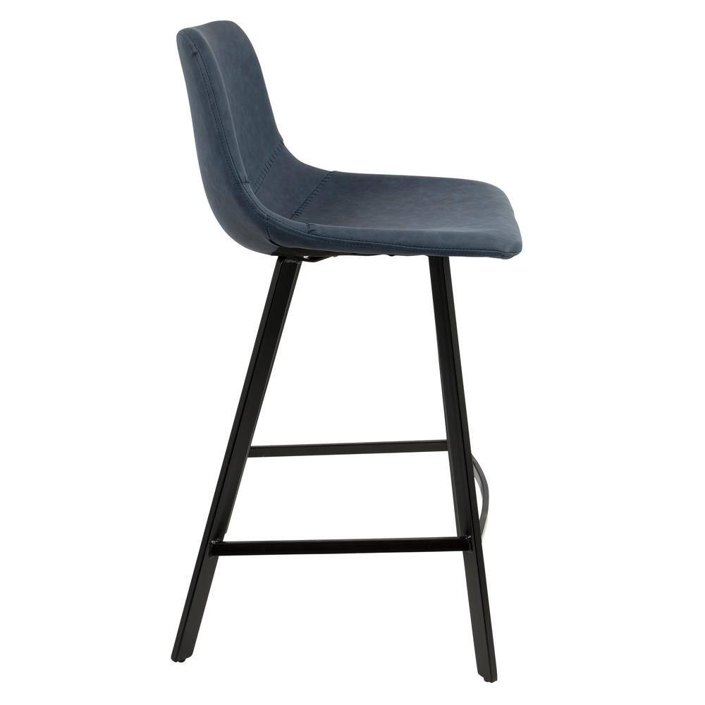 Contemporary Blue Faux Leather and Black Metal Counter Stool, Set of 2