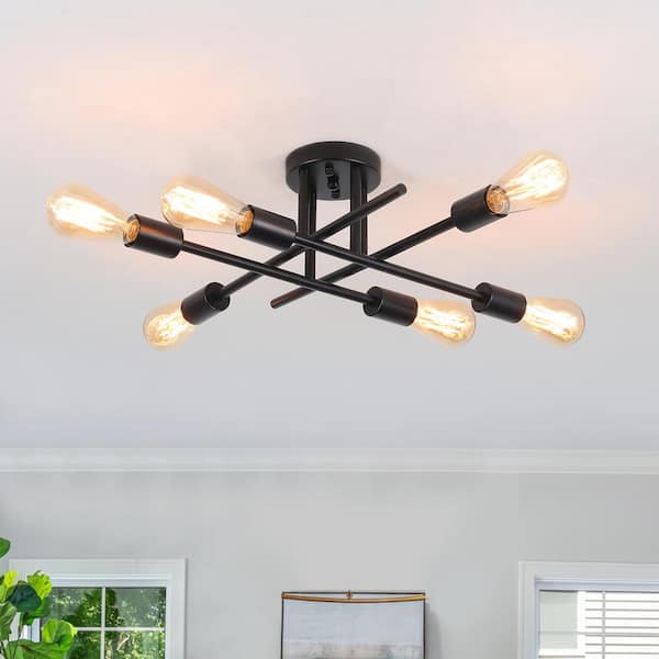 LWYTJO 18 in. 6-Light Sputnik Black Semi Flush Mount Ceiling Light with No Bulbs Included