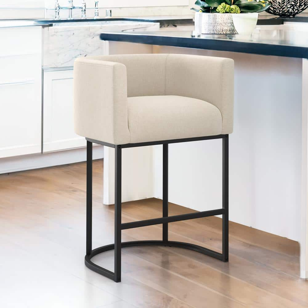 26 in.Cream and Black Low Back Bar Stool with Metal Frame Counter Height Linen Upholstered Counter Stool (Set of 1) -  LUE BONA, LB23CH0044-200