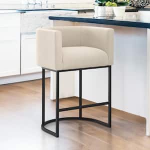 26 in.Cream and Black Low Back Bar Stool with Metal Frame Counter Height Linen Upholstered Counter Stool (Set of 1)