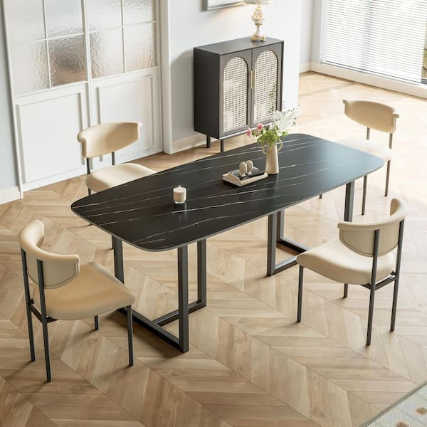 Rectangle Black Lauren Black Gold Stone Top 70.86 in. Black Sand Carbon Steel Double Pedestal Dining Table (8 Seats)