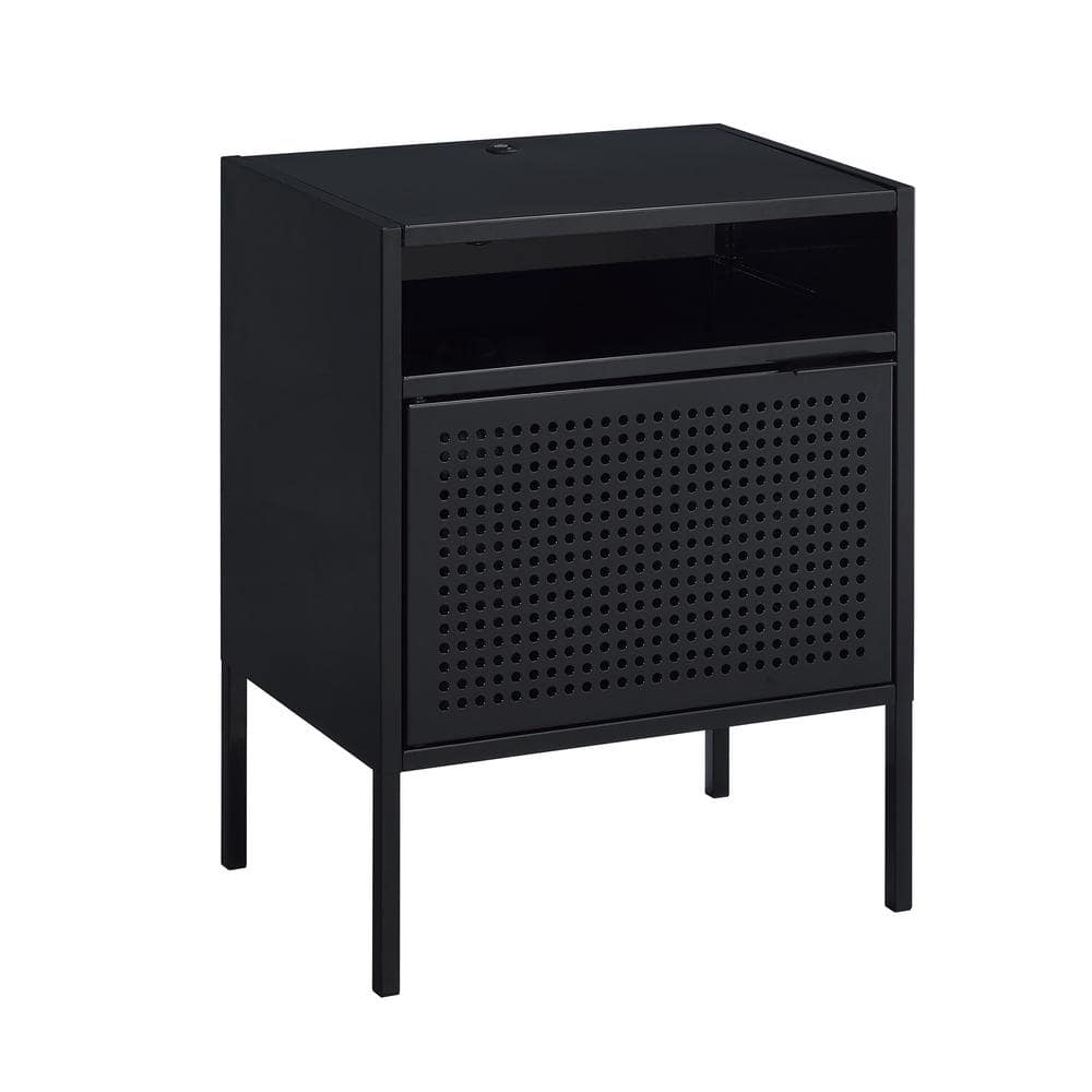 Gemma Black Metal Nightstand with USB Port and Open Shelf