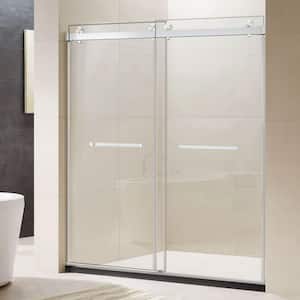48 in. W x 76 in. H Freestanding Double Sliding Frameless Shower Enclosure in Chrome Finish with Clear Glass