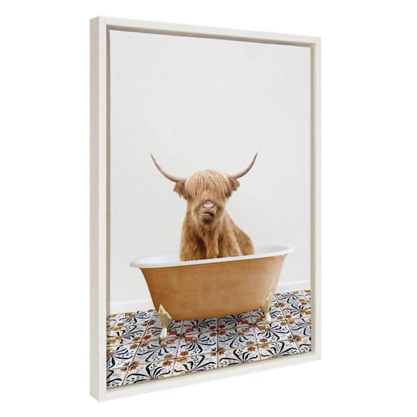 Kate and Laurel Sylvie Highland Cow In Mediterranean Bath by Amy Peterson Art Studio Framed Art Print 18 in. x 24 in.