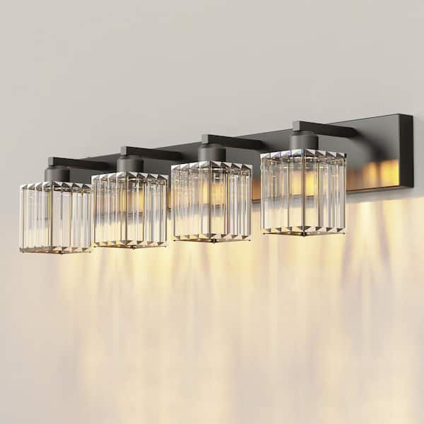 32 in. 4-Light Modern Crystal Black Bathroom Integrated LED Vanity Light Fixture with Clear Glass Shades