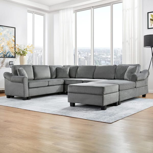 Lynn 111.8 in. Chenille Upholstered U Shape Sectional Sofa in. Dark Gray with Storage Ottoman