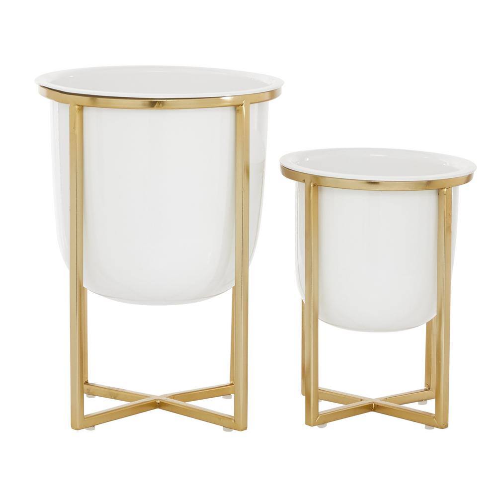 Contemporary White and Gold Metal Planter Set with Removable Stands