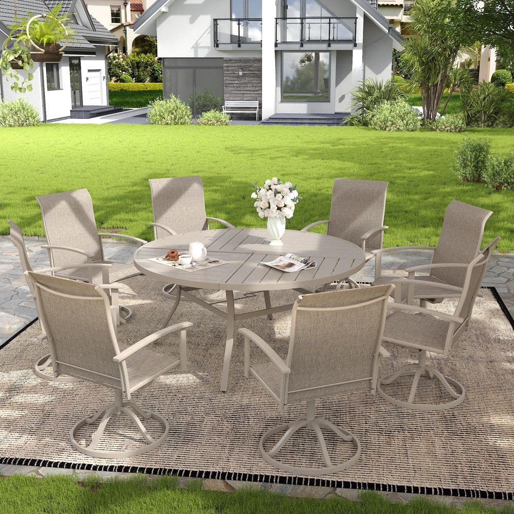 9-Piece Metal Outdoor Dining Set with 59.8 in. Sandshell Round Table and 8 Sandshell Textilene Swivel Patio Chairs price history on PriceWatchPro