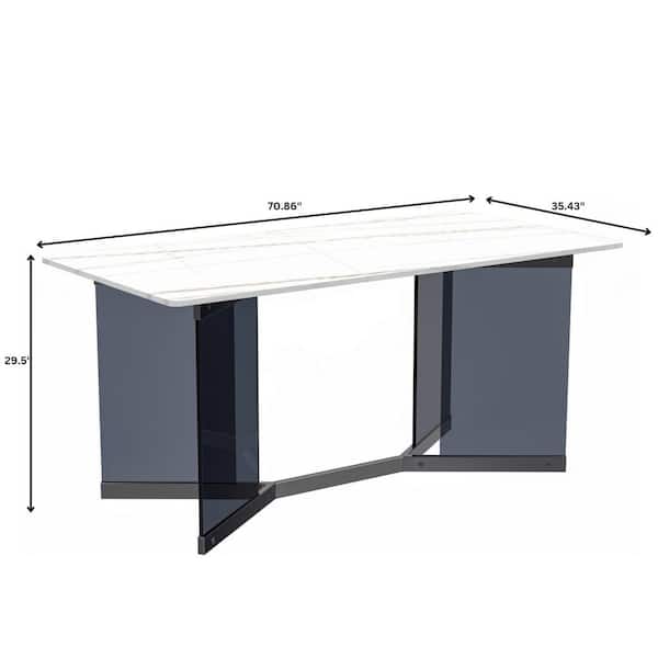 Leisuremod Oryn 71 in. Rectangular Dining Table with Sintered Stone Top Stainless Steel Double Pedestal Base, White/ Gold,  Seats 8