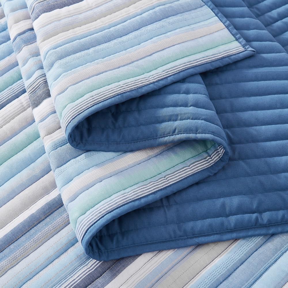 Blue and White Cotton Twin Quilt Set with Striped Design
