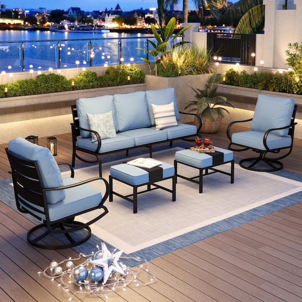 PHI VILLA Black 5-Piece Metal Slatted 7-Seat Outdoor Patio Conversation Set with Blue Cushions, 2 Swivel Chairs, 2 Ottomans