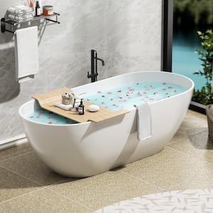 59 in. x 29.5 in. Soaking Solid Surface Stone Resin Freestanding Bathtub in White, Spongy Sand, Drain and Downpipe